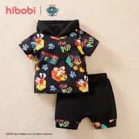 hibobi×PAW Patrol  Baby Boy Cartoon Print  Short Sleeve Cotton Hooded T-shirt and Pants Set  Black