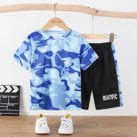 2-piece Kid Boy Camouflage Pattern Short Sleeve T-shirt & Patchwork Shorts  Blue