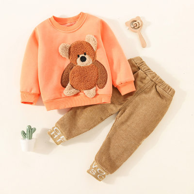 2-piece Toddler Boy Solid Color 3D Bear Style Long Sleeve T-shirt & Corduroy Solid Color Pocket Front Pencil Pants