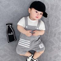 Newborn short-sleeved jumpsuit baby net celebrity fake sling thin baby half-sleeved going out clothes romper crawling clothes  Gray
