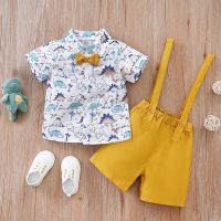 Toddler Boy's Gentleman Style Dinosaur Print Shirt And Overalls Shorts Set  Yellow