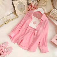 Three-piece girls sun protection suit spring and summer children's girls long-sleeved thin suspenders shirt shorts  Pink