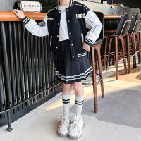 3-piece Kid Girl Letter Printed Long Sleeve Top & Color-block Number and Letter Pattern Button-up Baseball Jacket & Pleated Skirt  White