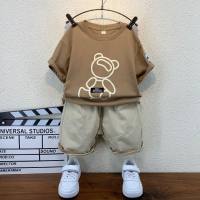 Children's clothing children's suit boys and girls children's solid color bear print armband T-shirt short-sleeved shorts summer trend two-piece suit  Khaki