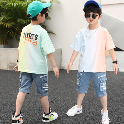 Jeans infantis médios e grandes, roupas infantis de duas peças, terno gradiente de verão