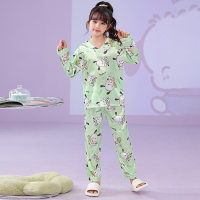 Children's ice silk pajamas girls baby imitation silk boys and girls home clothes can be worn outside suits  Green