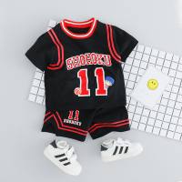Sports children's suits for boys, round neck two-piece suits, short-sleeved T-shirts, summer soft cotton new baby casual breathable  Black