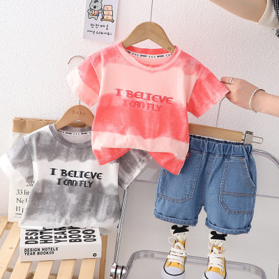 Boys summer short-sleeved suit 2024 new tie-dye Korean style T-shirt shorts two-piece set children's thin summer clothing trend 1
