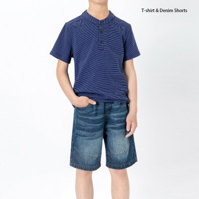 2-piece Kid Boy Pure Cotton Solid Color Short Sleeve T-shirt & Denim Shorts