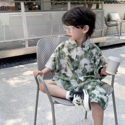 Boys suit summer new 2023 small and medium-sized children's flower shirt shorts two-piece set baby Hong Kong style thin children's clothing