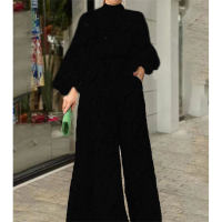 Women's Elegant Waist Belted Long Sleeve Halter Pants Printed Jumpsuit  Black