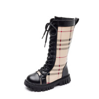 Kid Girl Plaid Patchwork Side Zipper Lace-up Boots  Black