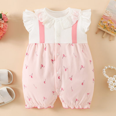 Baby Girl Pure Cotton Lapel Spliced Floral Patchwork Fly Sleeve Boxer Romper