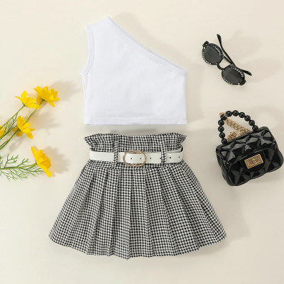 Toddler Solid Color One Shoudler Top & Plaid Pleated Skirt With Belt