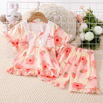 2-piece Kid Girl Floral Pattern Lace Spliced Square Neck Short Sleeve Top & Matching Shorts