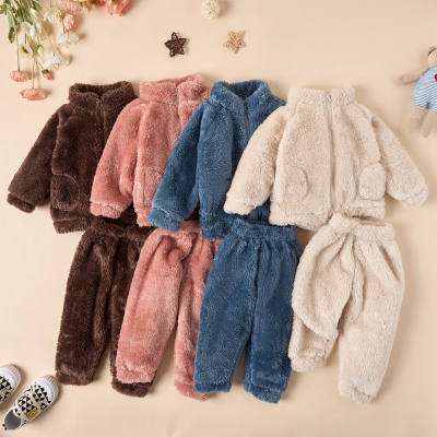 2-piece Baby Solid Color Stand Up Collar Fleece-lined Flush Jacket & Matching Pants