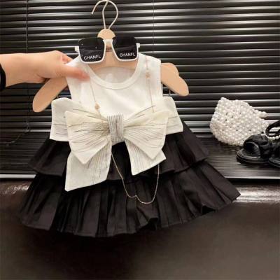 Summer clothes for girls, stylish bow-trimmed vest suit skirt, small and medium-sized children's cake pleated short skirt two-piece suit