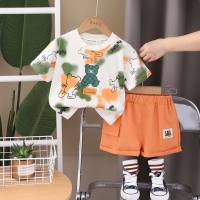 Boys summer suits 2024 new children's casual clothes contrasting color printing baby boy summer short-sleeved two-piece suit  Orange