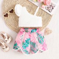 Girls Casual Fly Sleeve Single-piece Camisole Tropical Plant Print Shorts Set  Pink