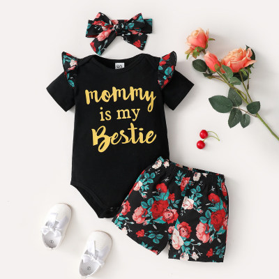 Baby Girl Beautiful Letter Bodysuit And Floral Print Shorts with Headband