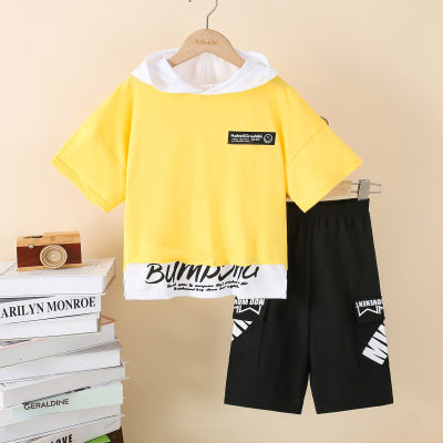 2-piece Kid Boy Pure Cotton 2 in 1 Color-block Letter Pattern Hooded Short Sleeve T-shirt & Matching Shorts