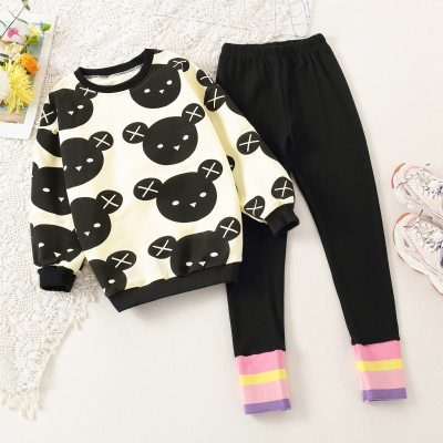 Maglione stampato con orsetto stravagante per bambina e pantaloni neri