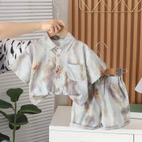 2024 new children's lapel shirt suit girls summer clothes boys Korean version printed shorts girls and boys clothes  Gray