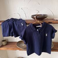 Kinderanzug im koreanischen Stil, Sommer, neues besticktes Poloshirt für Jungen und Mädchen, kurzärmelige Baby-Shorts, modisches zweiteiliges Set  Navy blau