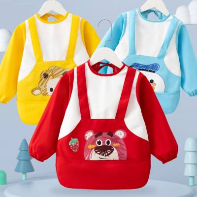 Waterproof and anti-dirty reverse wear clothes baby long-sleeved apron bib rice pocket