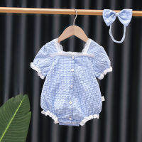 Summer thin newborn infant and toddler super sweet and pure little princess style jumpsuit for baby girl to go out trendy bag fart clothing  Blue