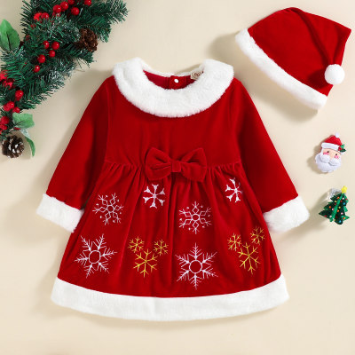 Toddler Christmas Snow Printed Dress With Hat