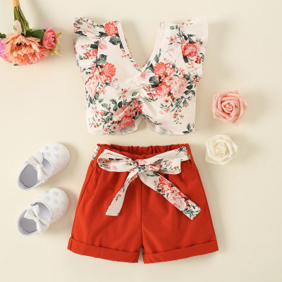 Toddler Girls V-neck Ruffled Sleeve Print Tied Floral Top & Shorts