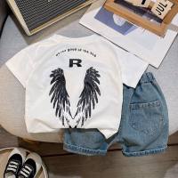 Boys summer short-sleeved suit 2024 new style baby cartoon summer clothes children's denim shorts two-piece suit  White