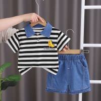 New style baby boy short-sleeved suit summer children's casual striped cartoon POLO shirt boy fashion denim shorts  Black