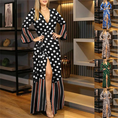 Women's long-sleeved polka dot print V-neck dress