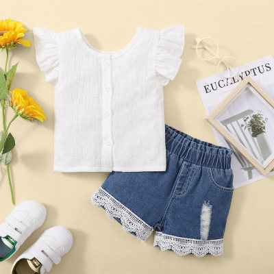 Toddler Girls Cotton Retro Solid Lace Top & Shorts