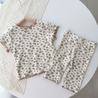 Ice silk summer new style girls outerwear short-sleeved floral suit baby summer two-piece suit  Khaki