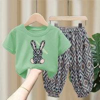 Children's suits for boys and girls, summer thin baby short-sleeved T-shirt tops, anti-mosquito pants, two-piece set, trendy sports children's clothing  Green