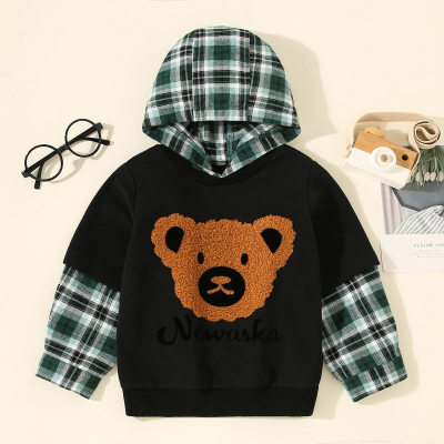 Toddler Plaid Bear Printed Hooded Pullover Sweater