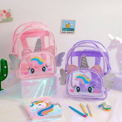 Cartoon transparent unicorn backpack for girls cute schoolbag with wings
