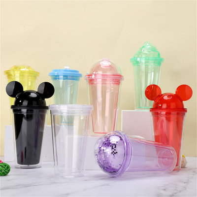 Wholesale order double-layer plastic water cup, creative and cute student cup, outdoor portable double-layer transparent straw cup