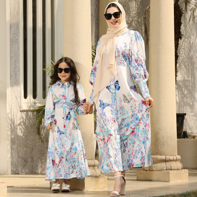 Elegant Butterfly Print Long Sleeve Dress for Mom and Me