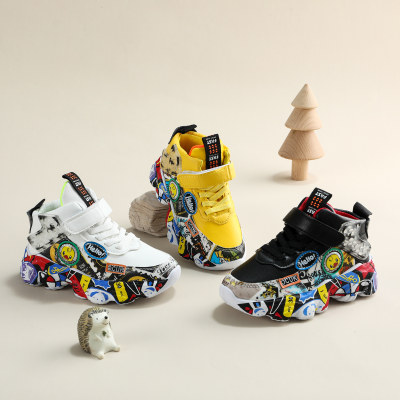 Sneakers in Velcro con Motivo Graffiti a Blocchi di Colore da Bambina
