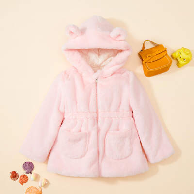 Toddler Girl Solid Color Pocket Front Hooded Zip-up Plush Coat