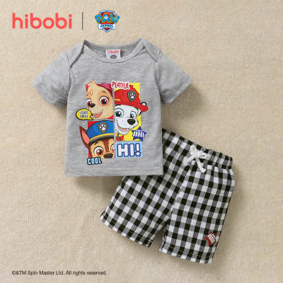 hibobi×PAW Patrol Baby boy Cartoon Print T-shirt de manga curta e conjunto de calças xadrez preto e branco