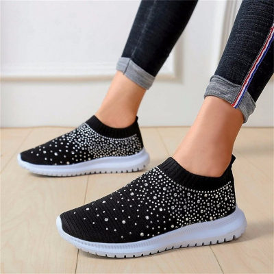 Rhinestone elastic socks shoes casual women's sports shoes MD bottom flying woven breathable light shoes