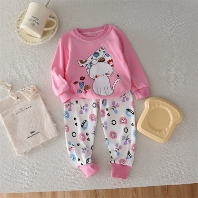 New cute cat girl long-sleeved home 2-piece set daily casual pajamas
