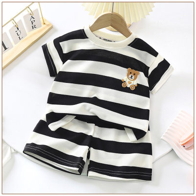 Children's short-sleeved shorts suit girls and boys summer casual black and white striped summer children's sports two-piece suit