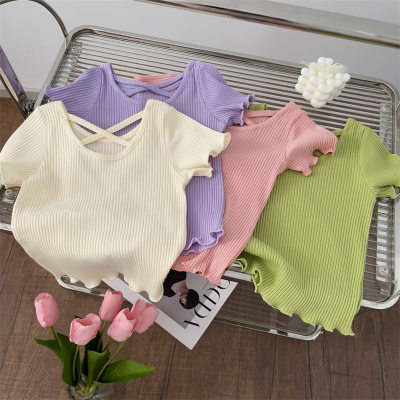 Girls Fashionable Back Cross Short Sleeve T-Shirt 2024 Summer New Korean Style Children's Solid Color Versatile Casual Top