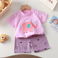 New baby short-sleeved T-shirt two-piece set pure cotton summer children's half-sleeved sweatshirt home clothes suit  Purple